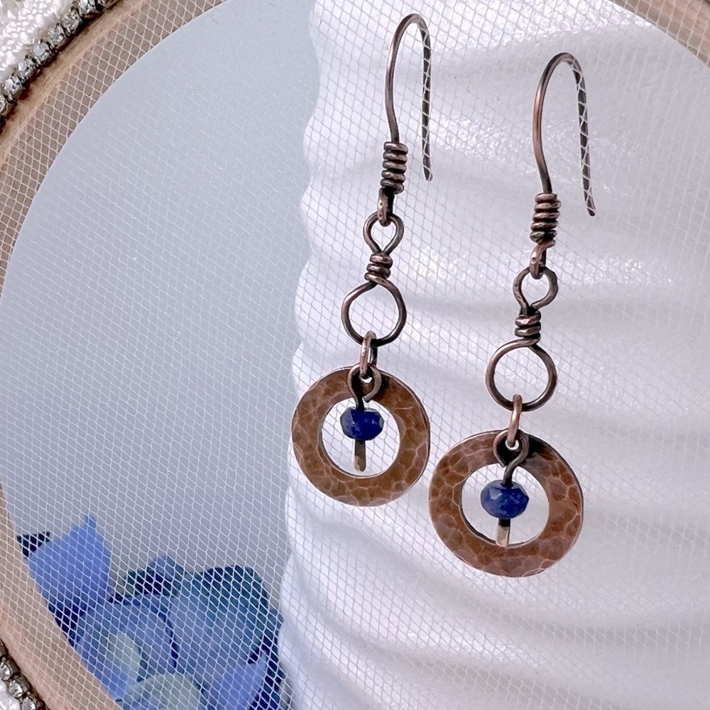 Artisan Hammered Copper Dangle Earrings with Jade Accent Beads - Picture 12 of 12